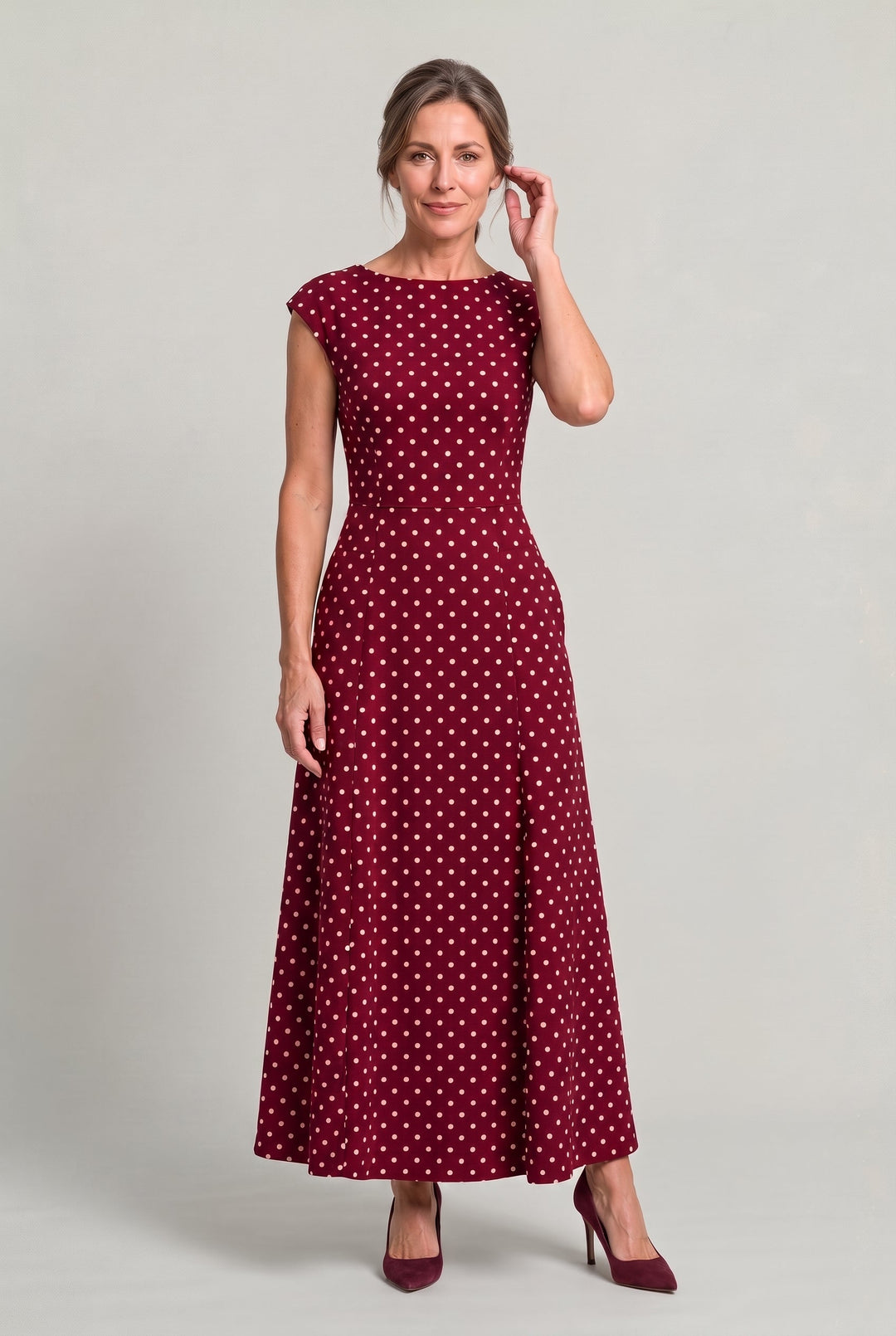 Women's Polka Dot Maxi Dress – Cap Sleeve Waist Detail Summer Dress in Dark Brown | Invictora.com