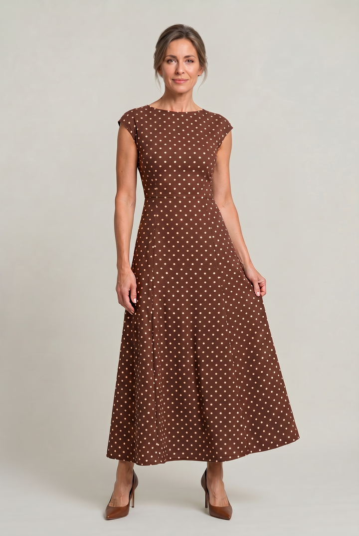 Women's Polka Dot Maxi Dress - Cap Sleeve Waist Detail Summer Dress product image | Invictora.com