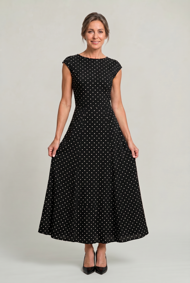 Women's Polka Dot Maxi Dress - Cap Sleeve Waist Detail Summer Dress product image | Invictora.com