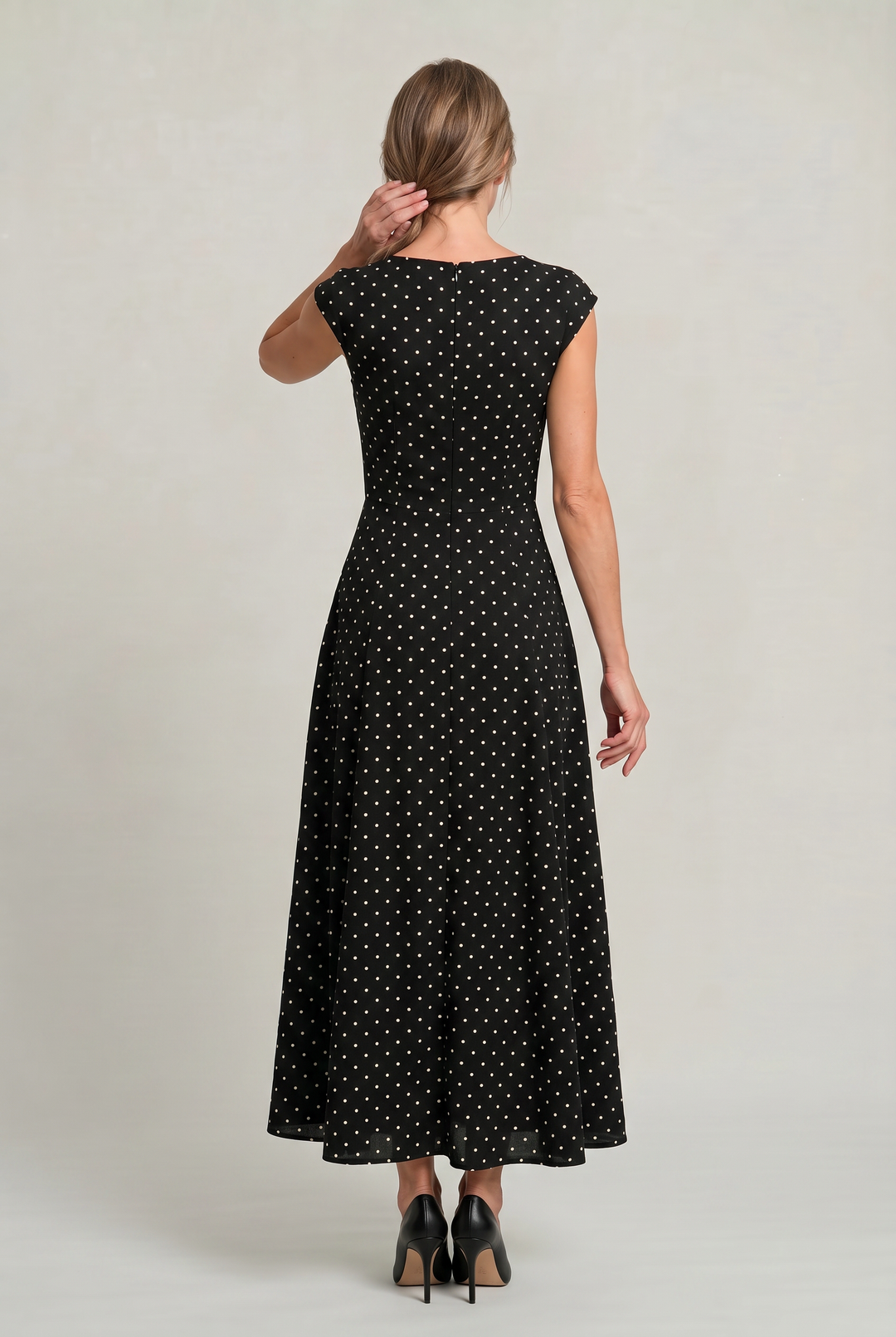 Women's Polka Dot Maxi Dress - Cap Sleeve Waist Detail Summer Dress product image | Invictora.com