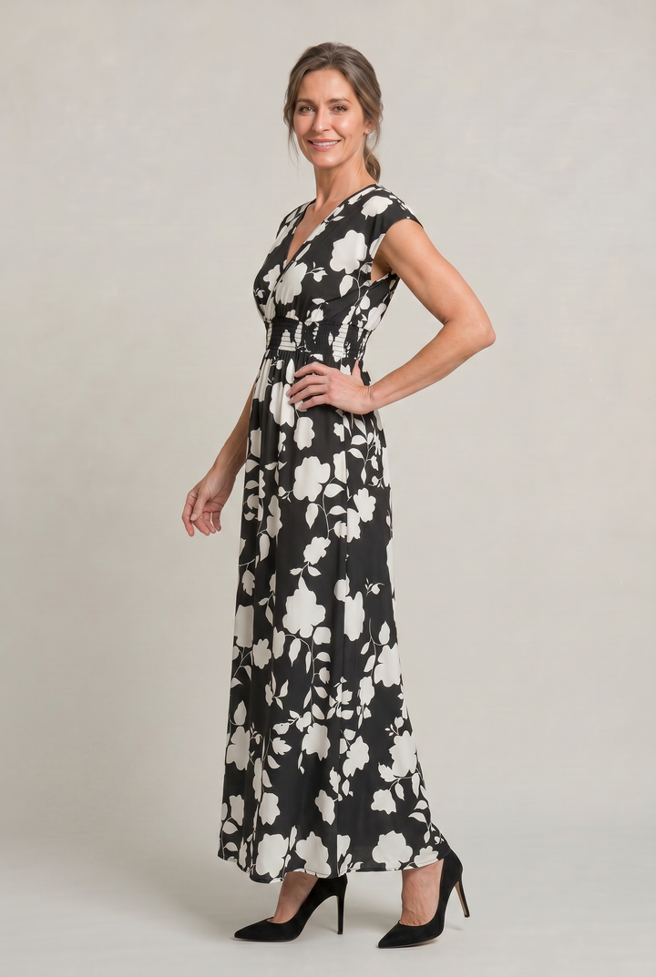 Women's V-Neck Floral Print Summer Maxi Dress in Black | Invictora.com