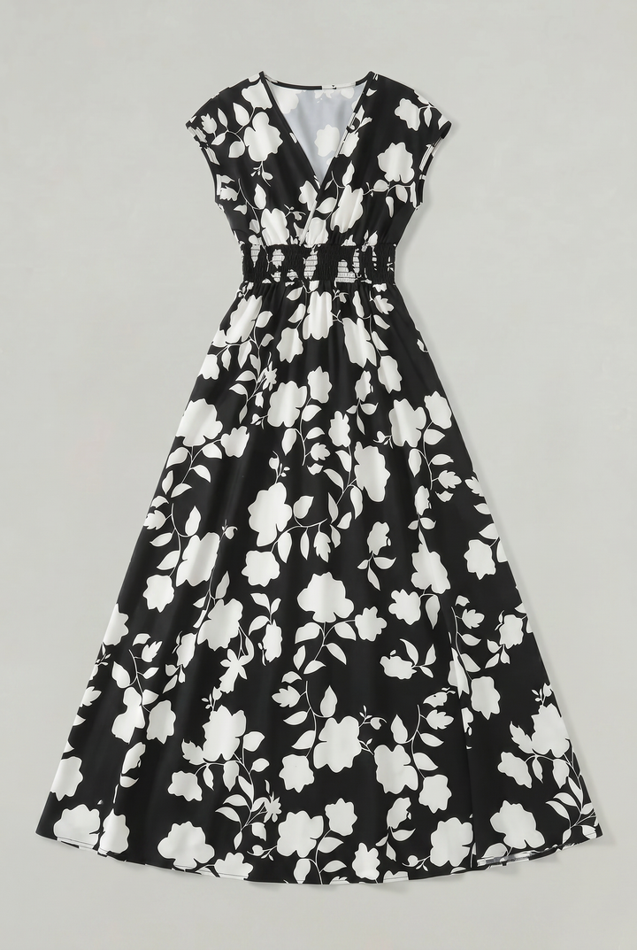 Women's V-Neck Floral Print Summer Maxi Dress in Black | Invictora.com
