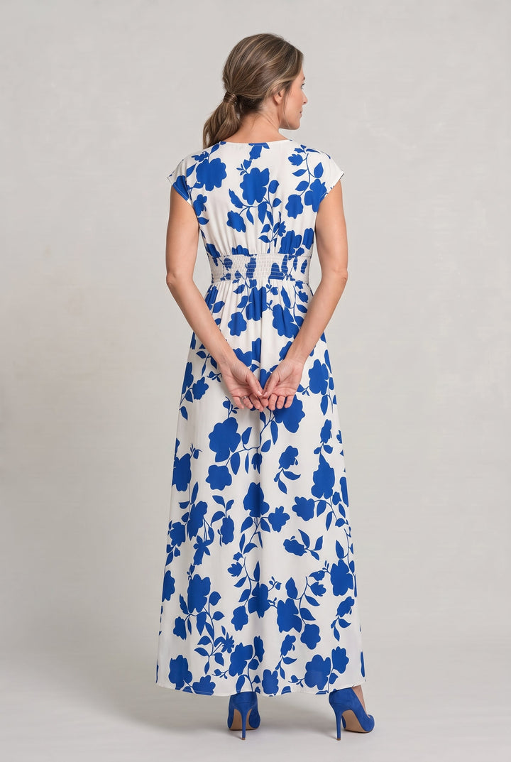 Women's V-Neck Floral Print Summer Maxi Dress in Blue | Invictora.com