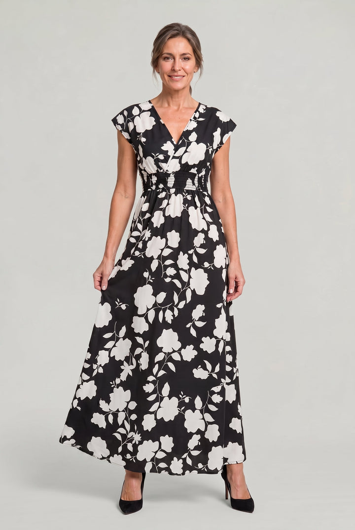 Women's V-Neck Floral Print Summer Maxi Dress in Black | Invictora.com