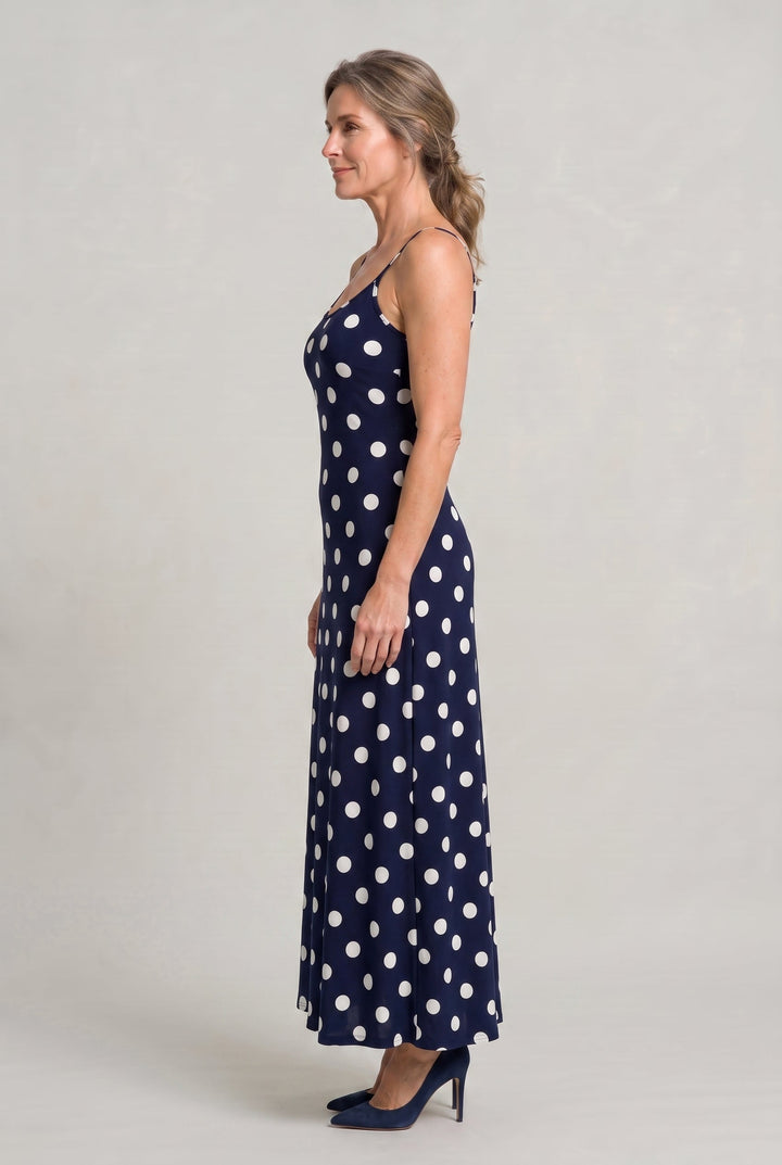Women's Polka Dot Cami Maxi Dress in Navy | Invictora.com