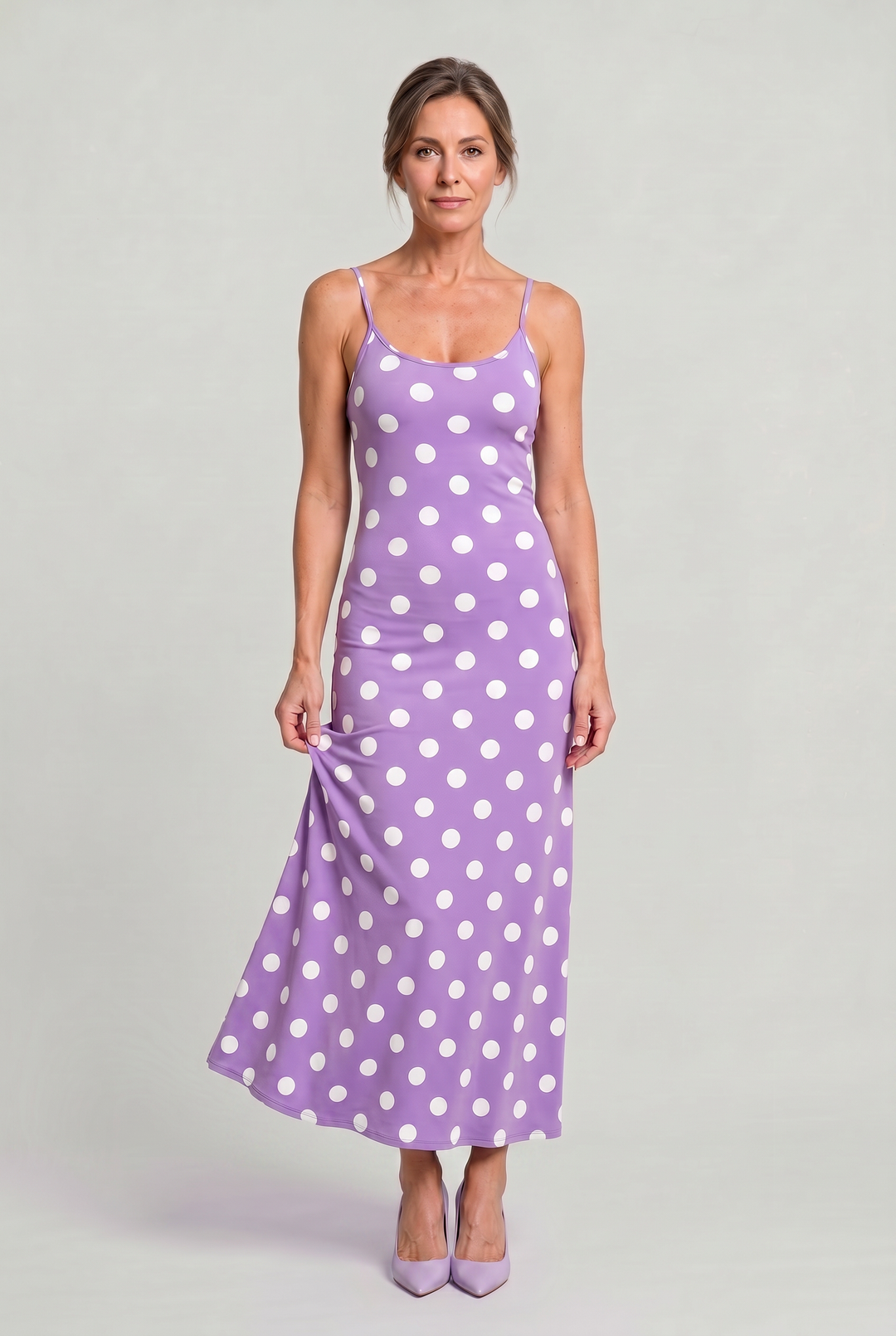 Women's Polka Dot Cami Maxi Dress in Purple | Invictora.com
