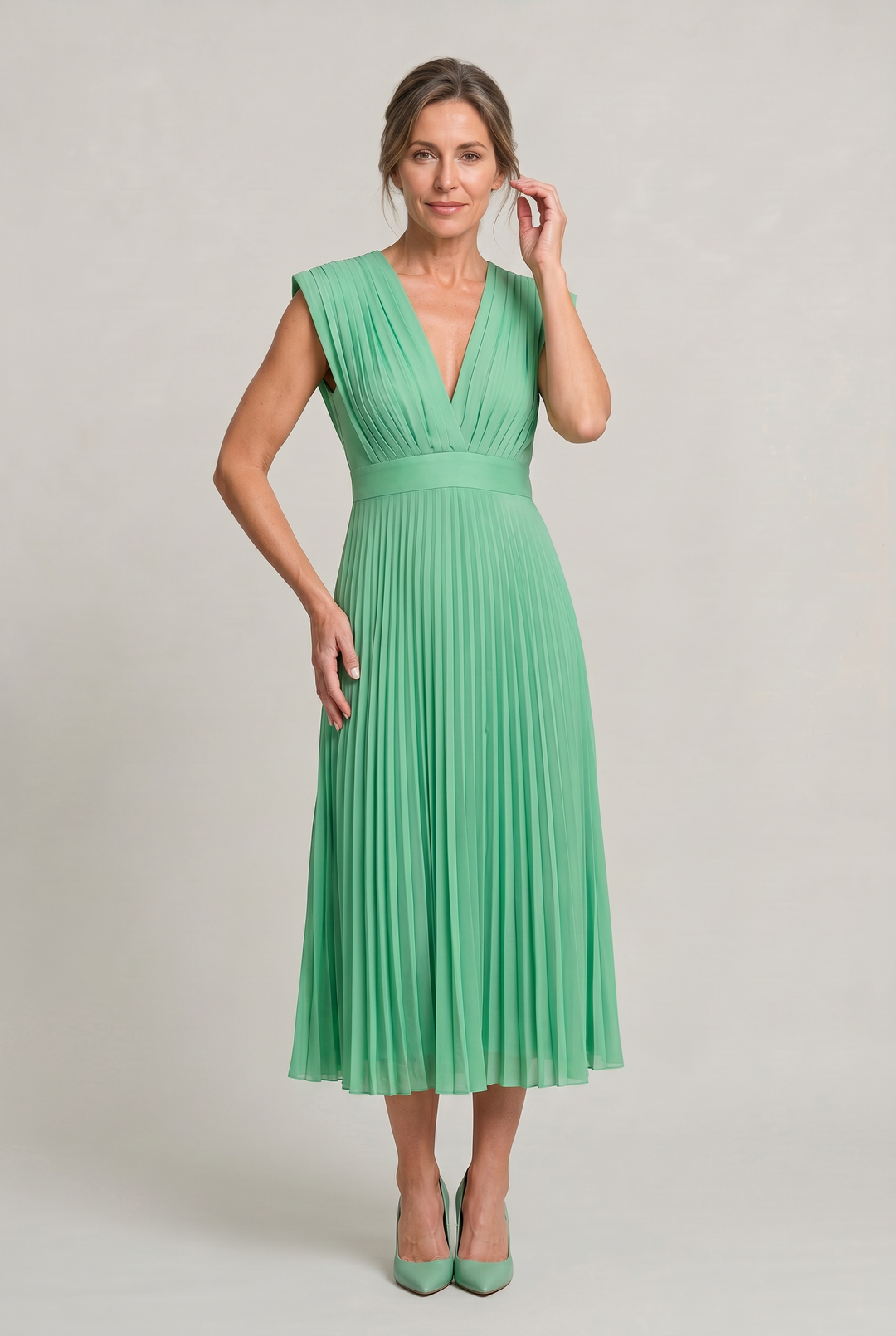 Women's Pleated Midi V-Neck Wedding Guest Dress in Blue | Invictora.com