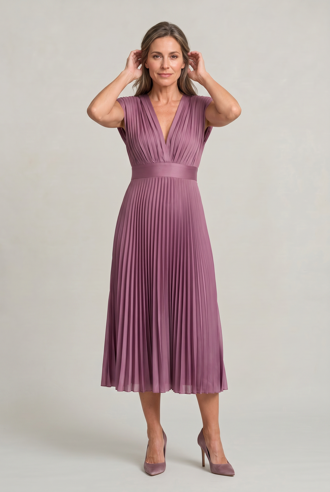 Women's Pleated Midi V-Neck Wedding Guest Dress product image | Invictora.com