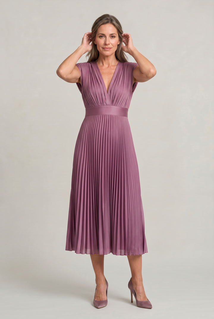 Women's Pleated Midi V-Neck Wedding Guest Dress in Blue | Invictora.com