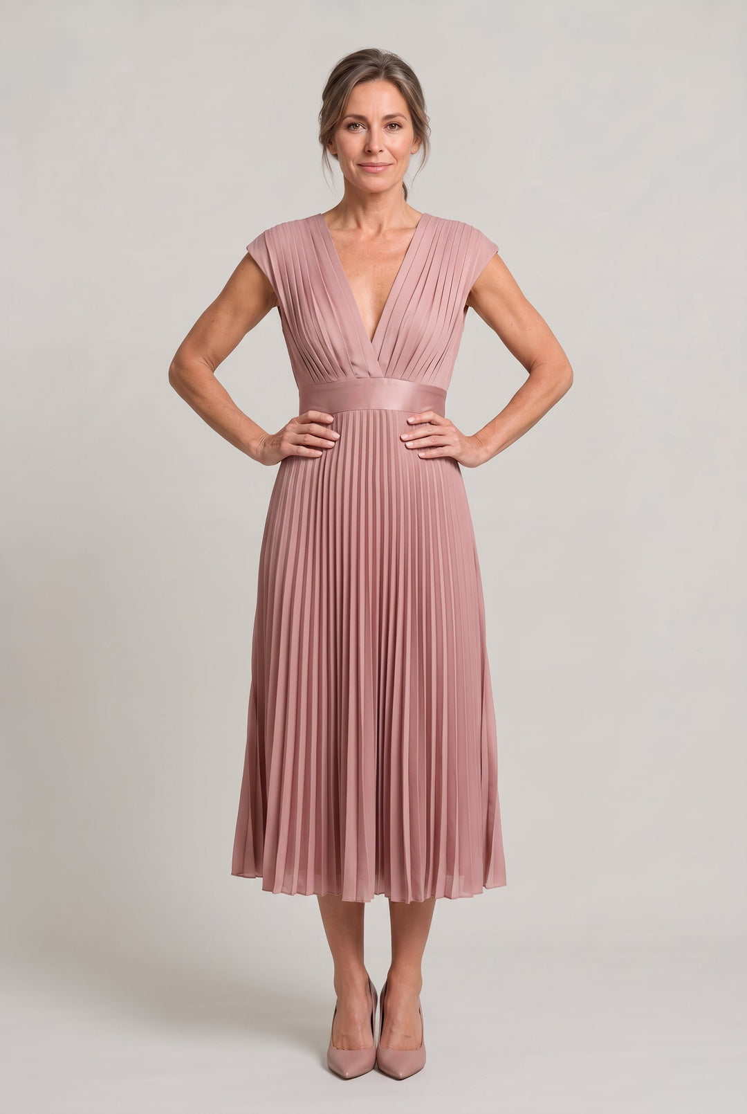 Women's Pleated Midi V-Neck Wedding Guest Dress product image | Invictora.com