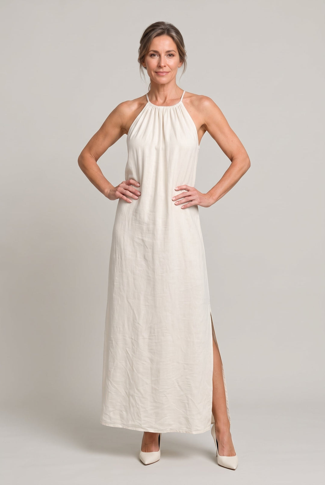 Women's Halter Neck Sleeveless Summer Maxi Dress in Apricot | Invictora.com