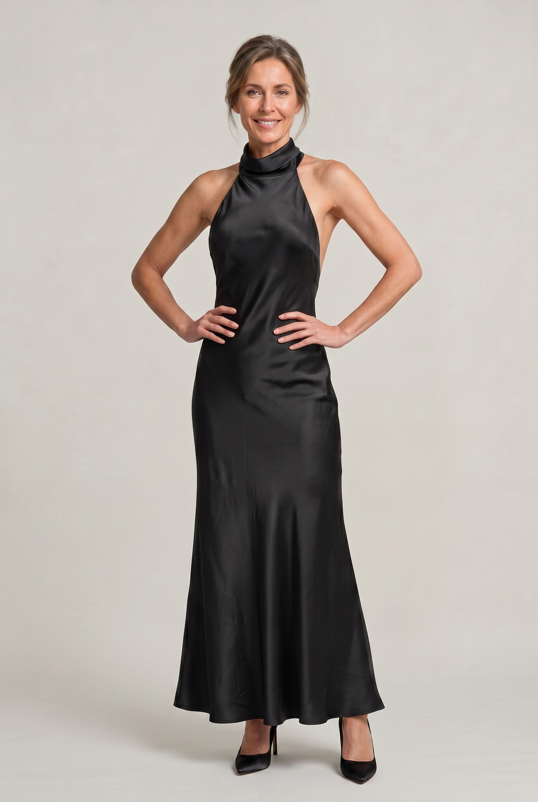 Women's Satin Halter Maxi Dress - Open Back Cowl Neck Formal Evening Gown | Invictora.com