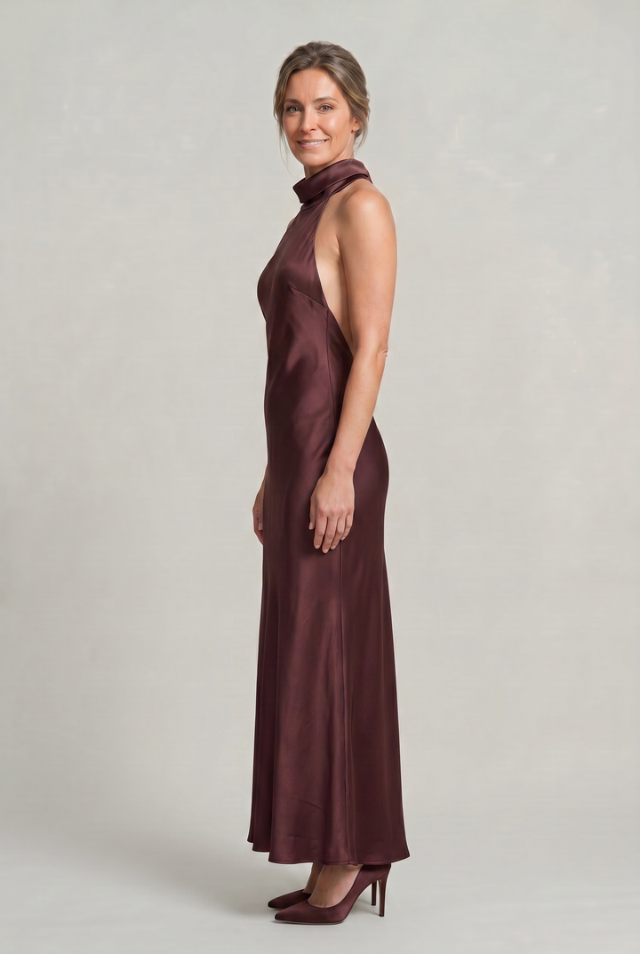 Women's Satin Halter Maxi Dress - Open Back Cowl Neck Formal Evening Gown in Red Wine | Invictora.com