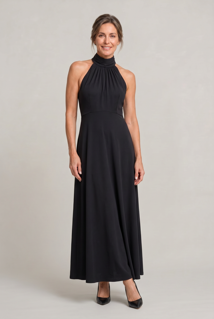 Women's Satin High Neck Bridesmaid Maxi Dress in Black | Invictora.com