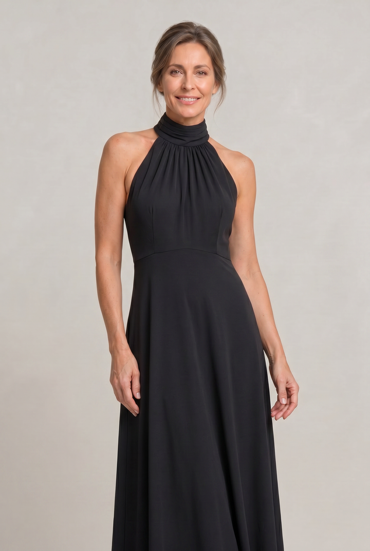 Women's Satin High Neck Bridesmaid Maxi Dress in Black | Invictora.com