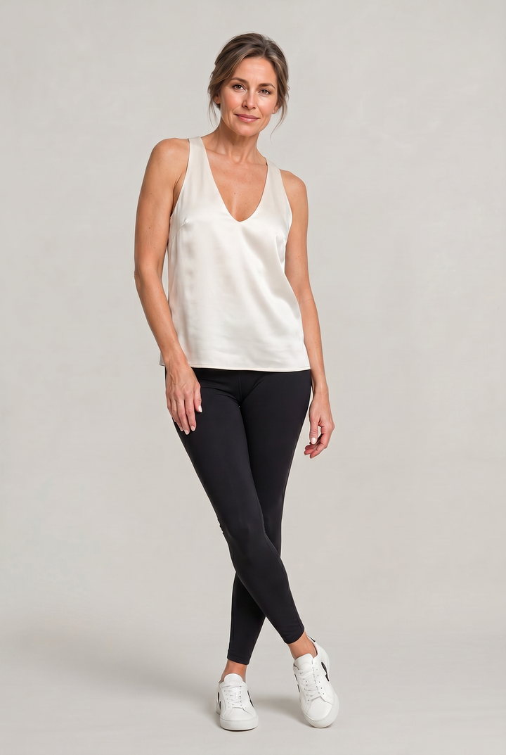Women's Deep V-Neck Satin Tank Top in White | Invictora.com
