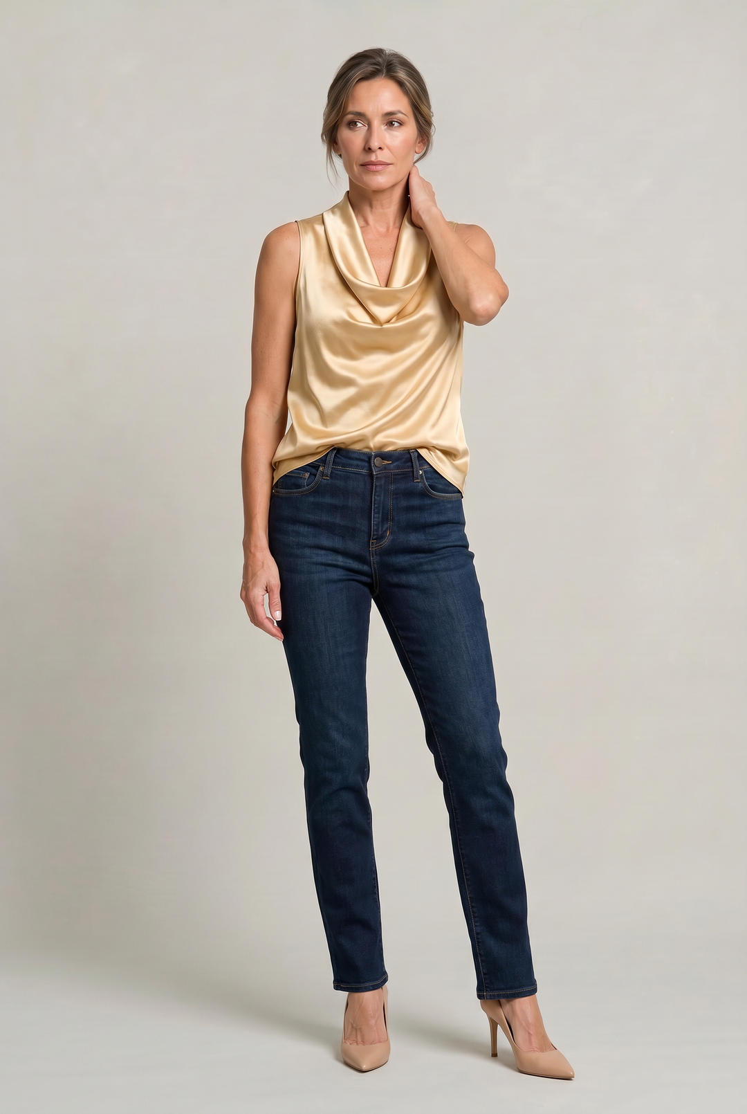 Women's Cowl Neck Sleeveless Cami Top - Draped Front in Champagne | Invictora.com