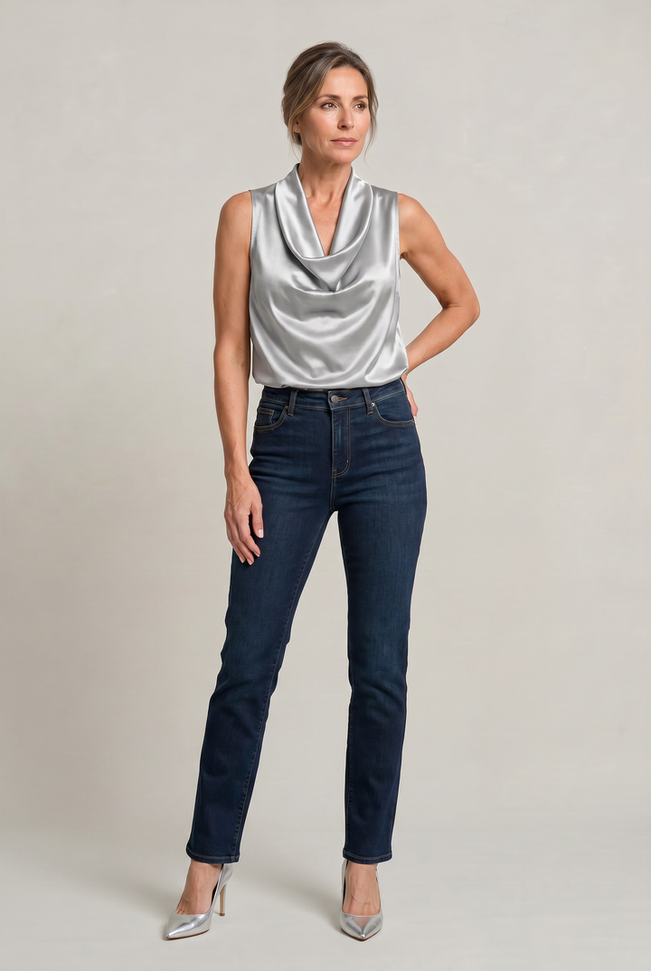 Women's Cowl Neck Sleeveless Cami Top - Draped Front in Silver | Invictora.com