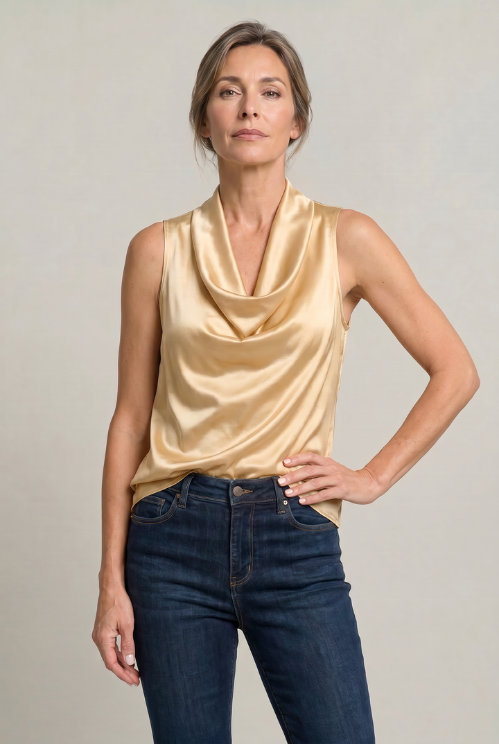 Women's Cowl Neck Sleeveless Cami Top - Draped Front in Champagne | Invictora.com