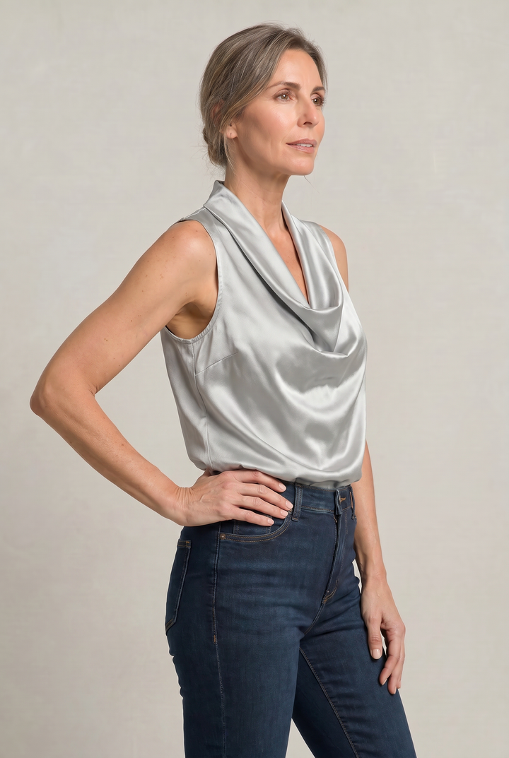 Women's Cowl Neck Sleeveless Cami Top - Draped Front in Silver | Invictora.com