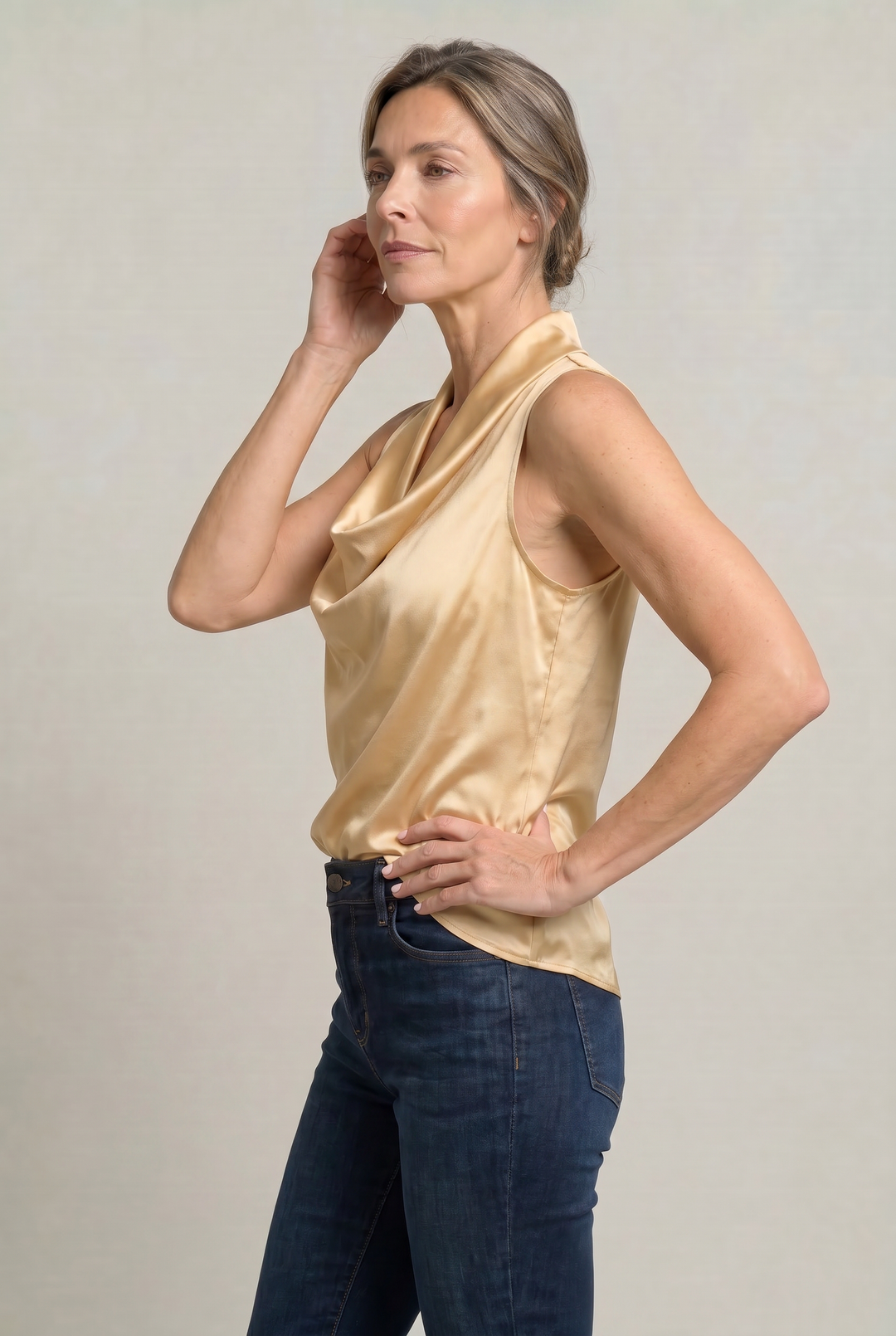 Women's Cowl Neck Sleeveless Cami Top - Draped Front in Champagne | Invictora.com
