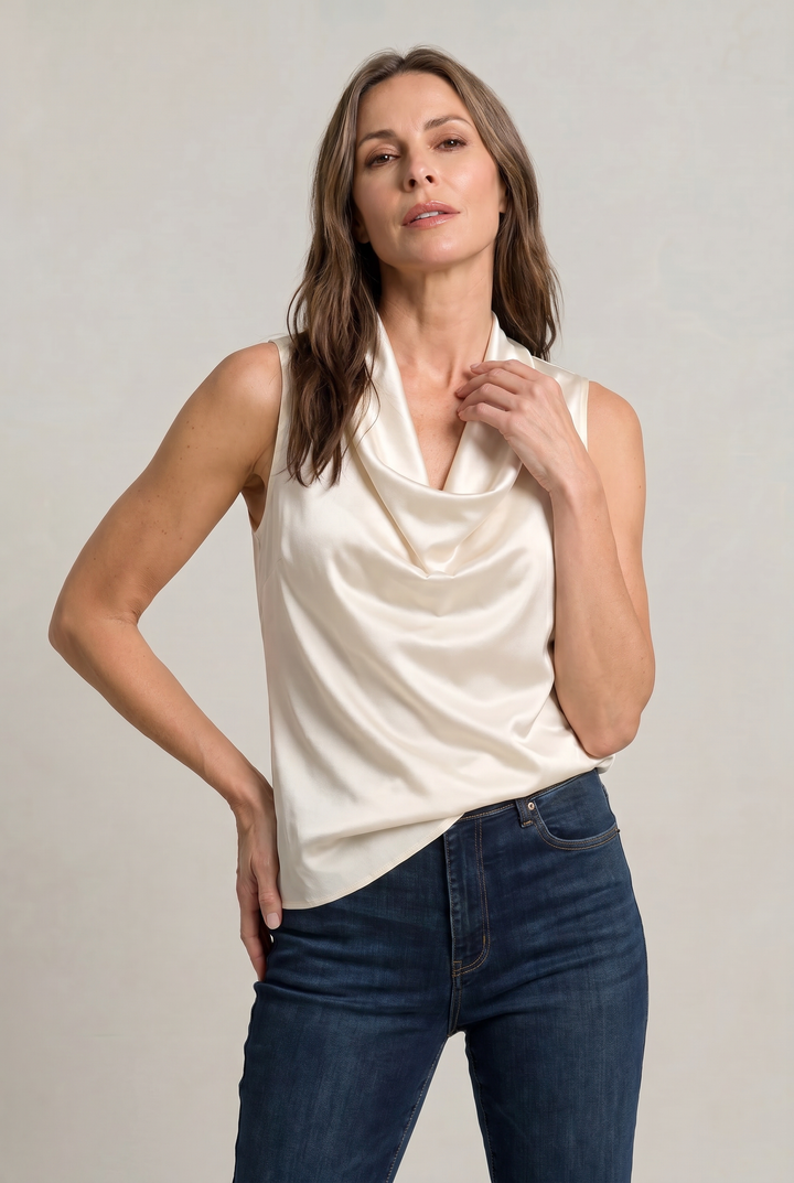 Women's Cowl Neck Sleeveless Cami Top - Draped Front in Silver | Invictora.com