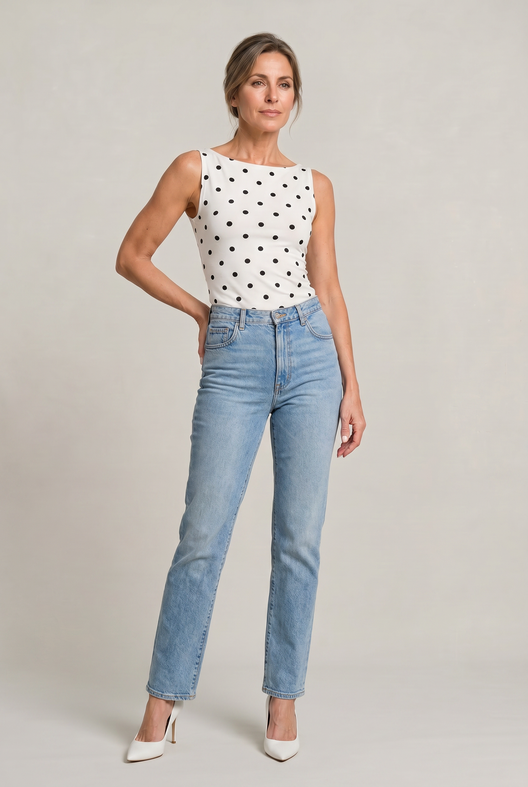 Women's Polka Dot Sleeveless Tank Top – Fitted Round Neck Summer Top in White | Invictora.com
