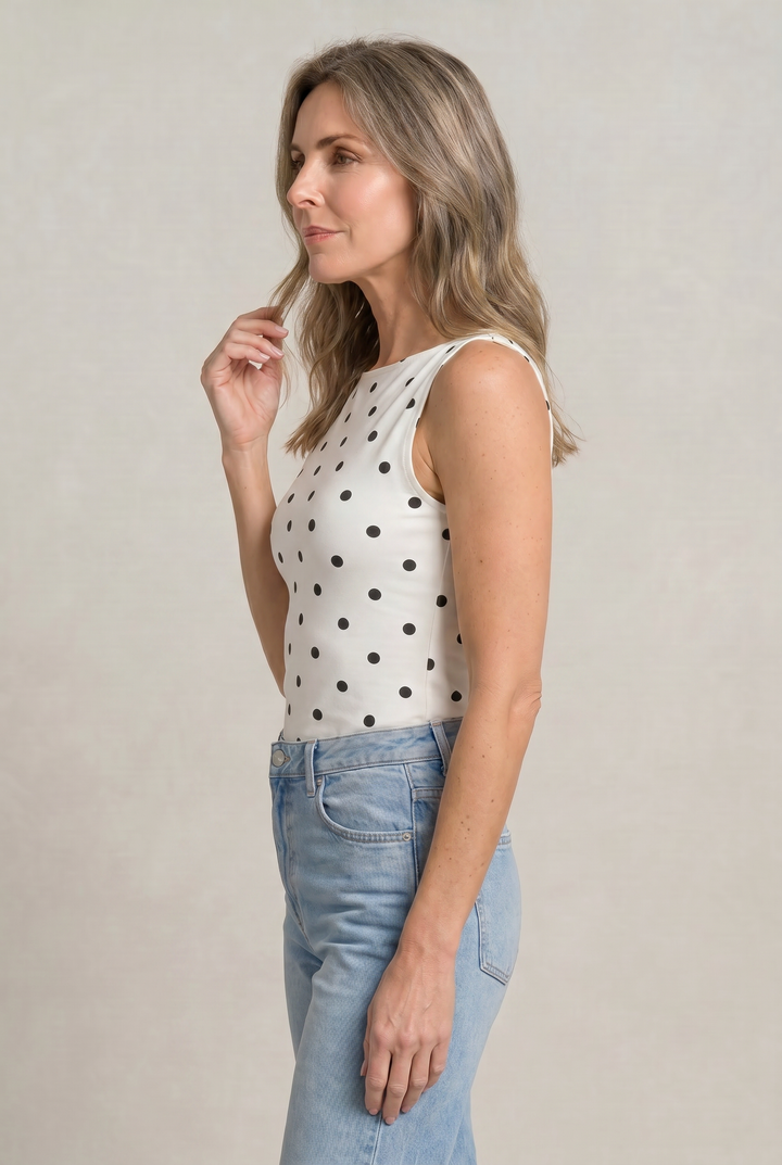 Women's Polka Dot Sleeveless Tank Top – Fitted Round Neck Summer Top in White | Invictora.com