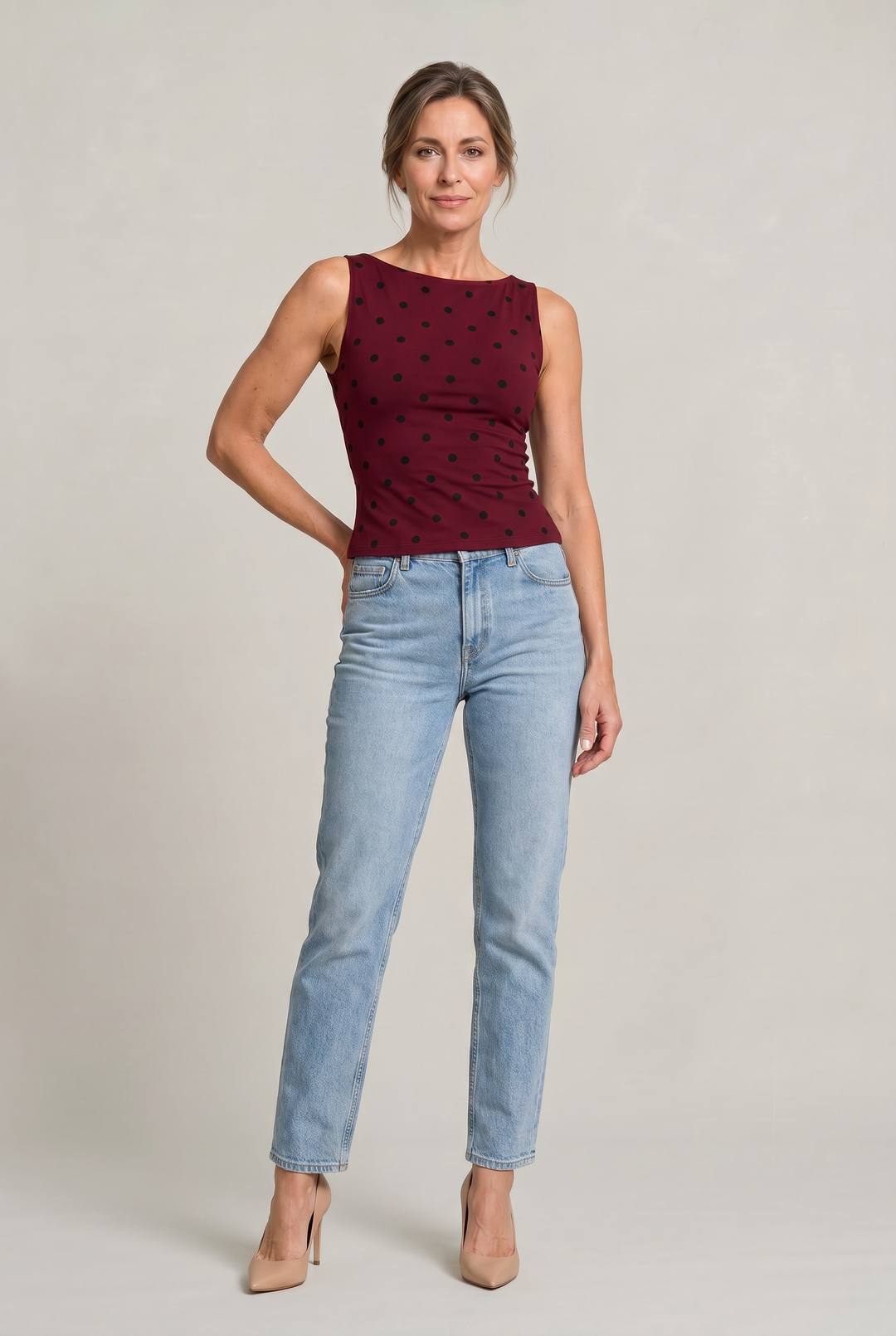 Women's Polka Dot Sleeveless Tank Top – Fitted Round Neck Summer Top in Khaki | Invictora.com