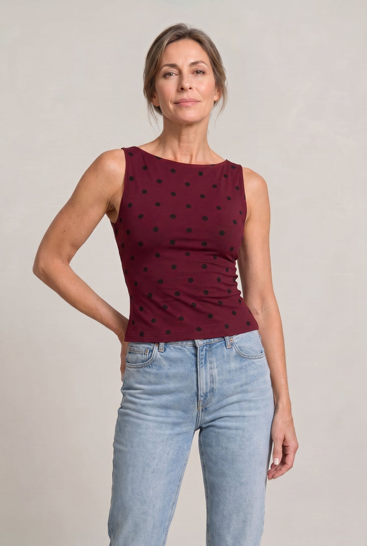 Women's Polka Dot Sleeveless Tank Top – Fitted Round Neck Summer Top in Khaki | Invictora.com