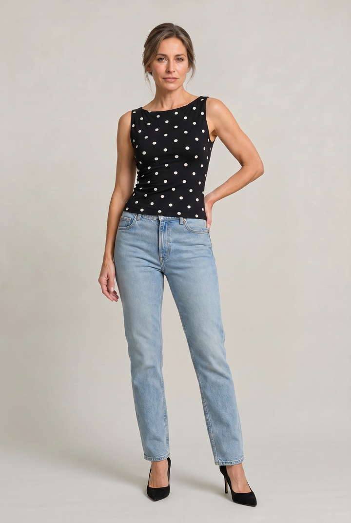 Women's Polka Dot Sleeveless Tank Top – Fitted Round Neck Summer Top in Khaki | Invictora.com