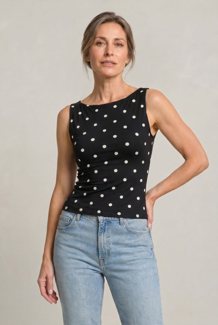 Women's Polka Dot Sleeveless Tank Top – Fitted Round Neck Summer Top in Khaki | Invictora.com