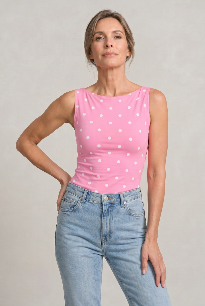 Women's Polka Dot Sleeveless Tank Top – Fitted Round Neck Summer Top in Khaki | Invictora.com
