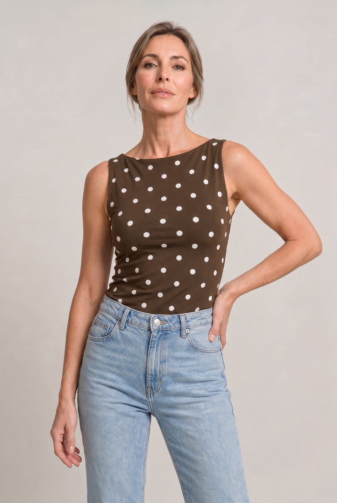Women's Polka Dot Sleeveless Tank Top – Fitted Round Neck Summer Top in Red Wine | Invictora.com