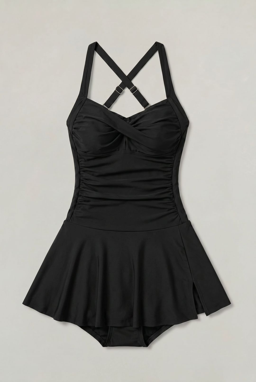 Women's One-Piece Swimsuit with Sweetheart Neckline and Skirt in Black | Invictora.com