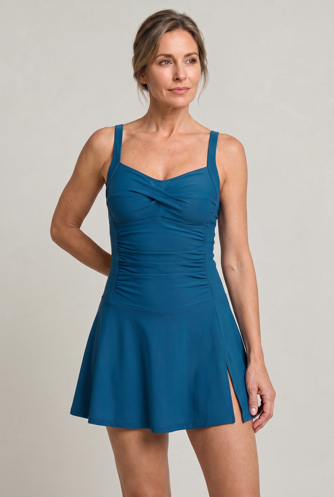 Women's One-Piece Swimsuit with Sweetheart Neckline and Skirt in Navy | Invictora.com