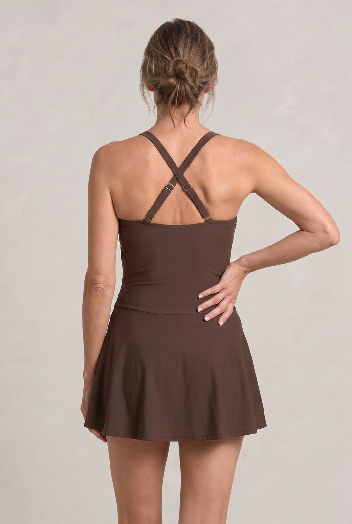 Women's One-Piece Swimsuit with Sweetheart Neckline and Skirt product image | Invictora.com