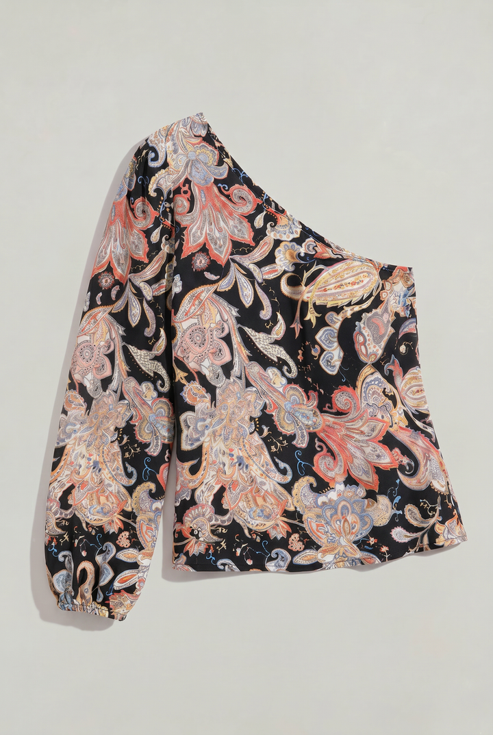 Women's One Shoulder Printed Long Sleeve Blouse in Beige | Invictora.com