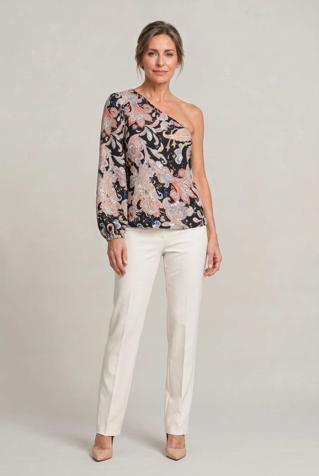 Women's One Shoulder Printed Long Sleeve Blouse in Black | Invictora.com