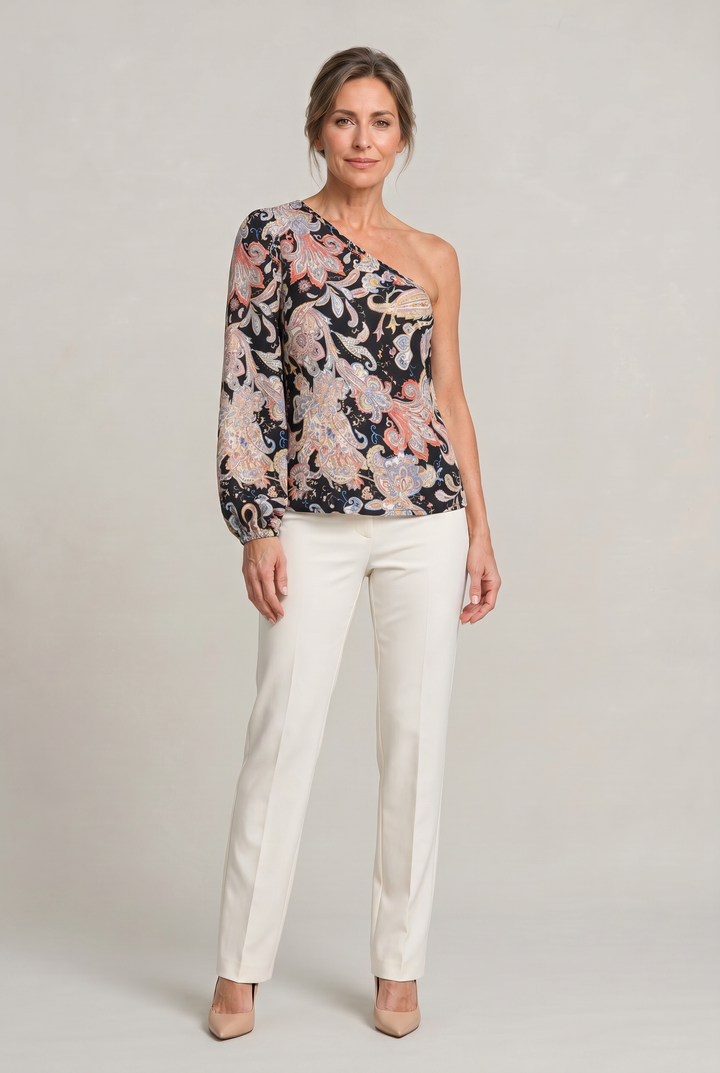 Women's One Shoulder Printed Long Sleeve Blouse in Black | Invictora.com