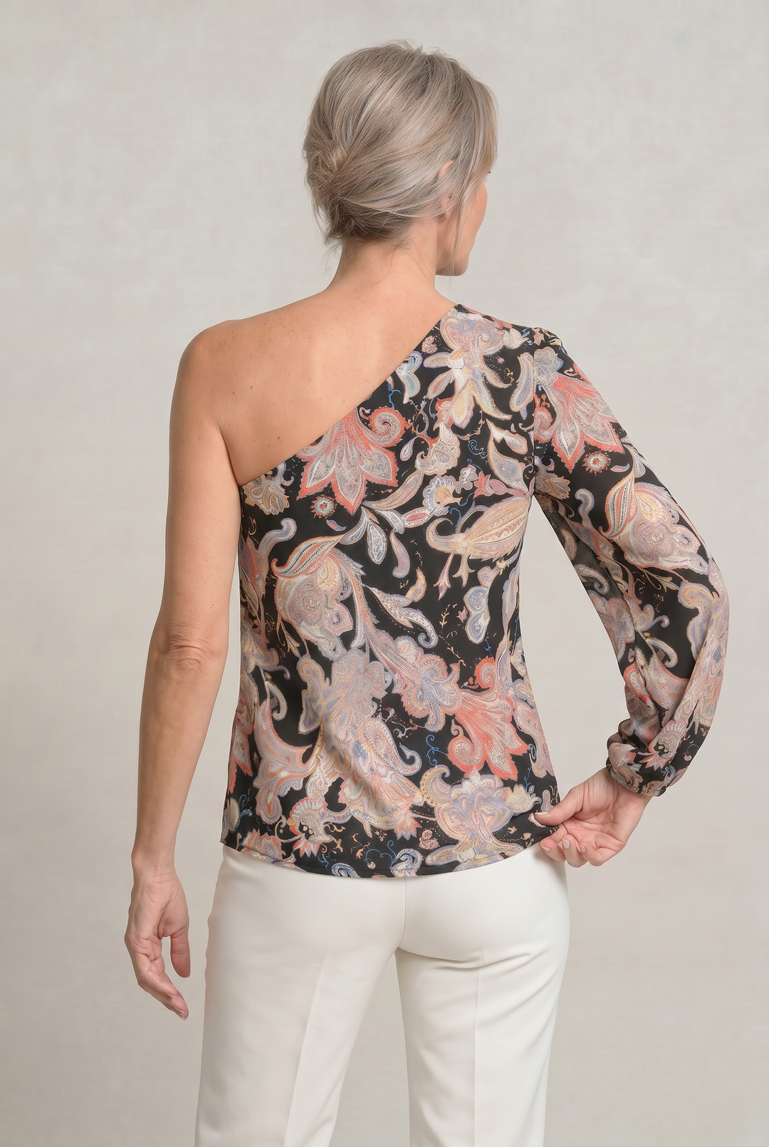 Women's One Shoulder Printed Long Sleeve Blouse in Black | Invictora.com