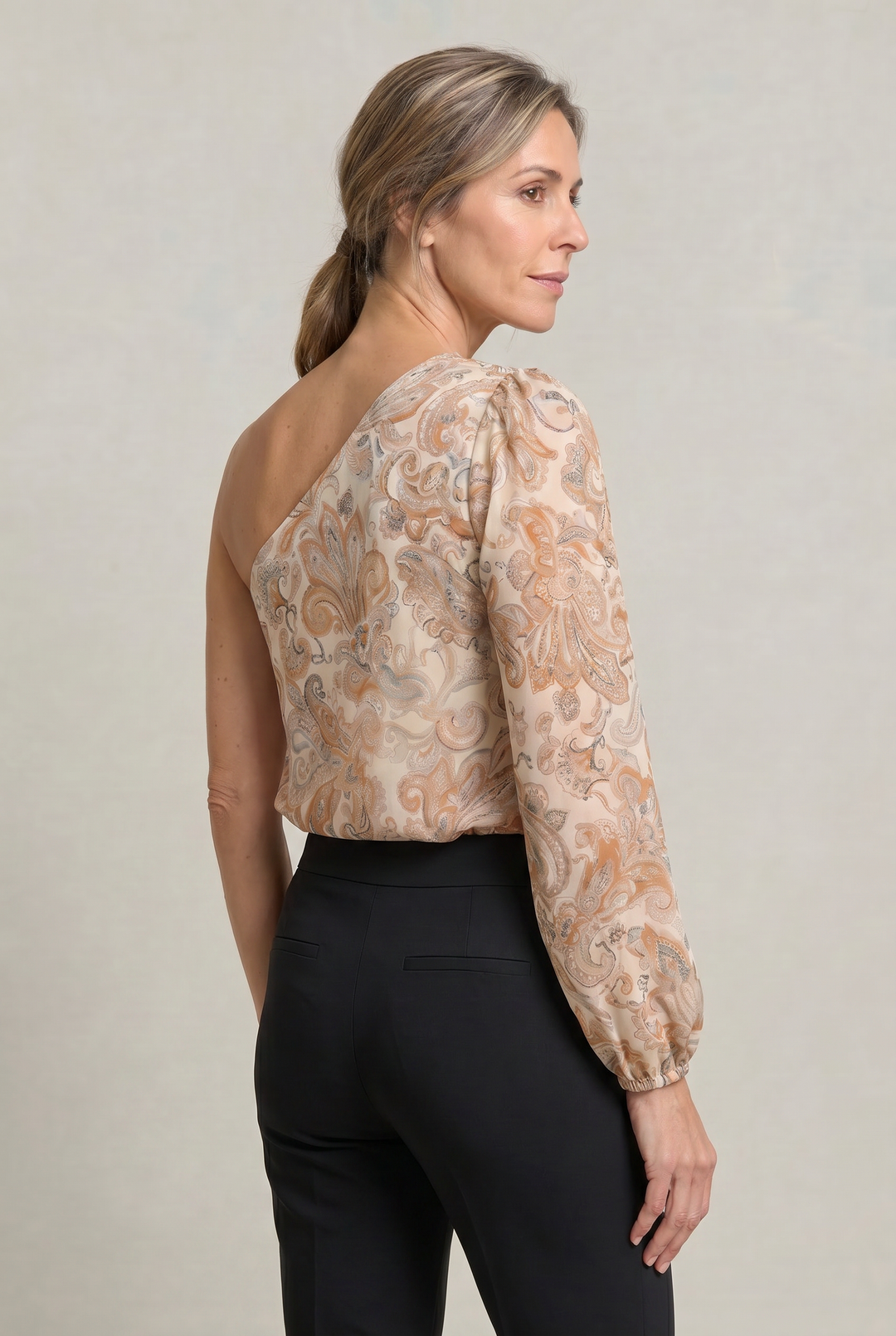 Women's One Shoulder Printed Long Sleeve Blouse in Beige | Invictora.com