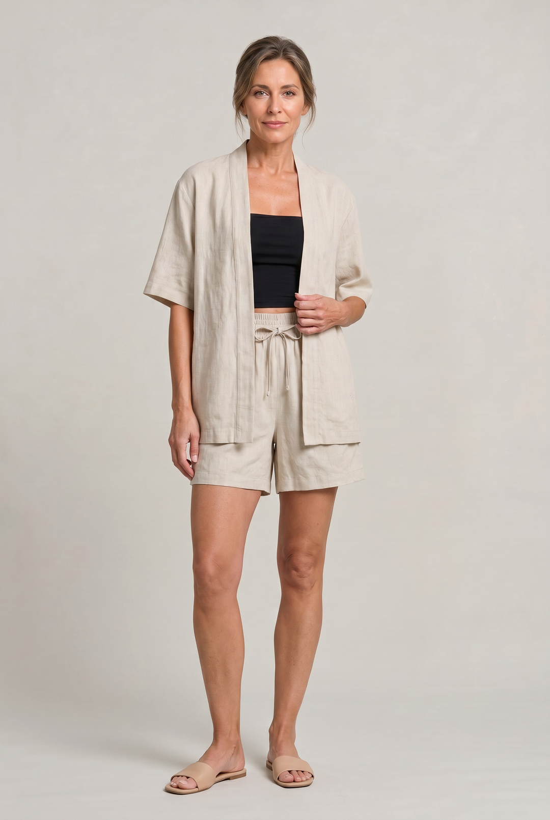 Women's Linen Cardigan and Shorts Two Piece Set in Khaki | Invictora.com