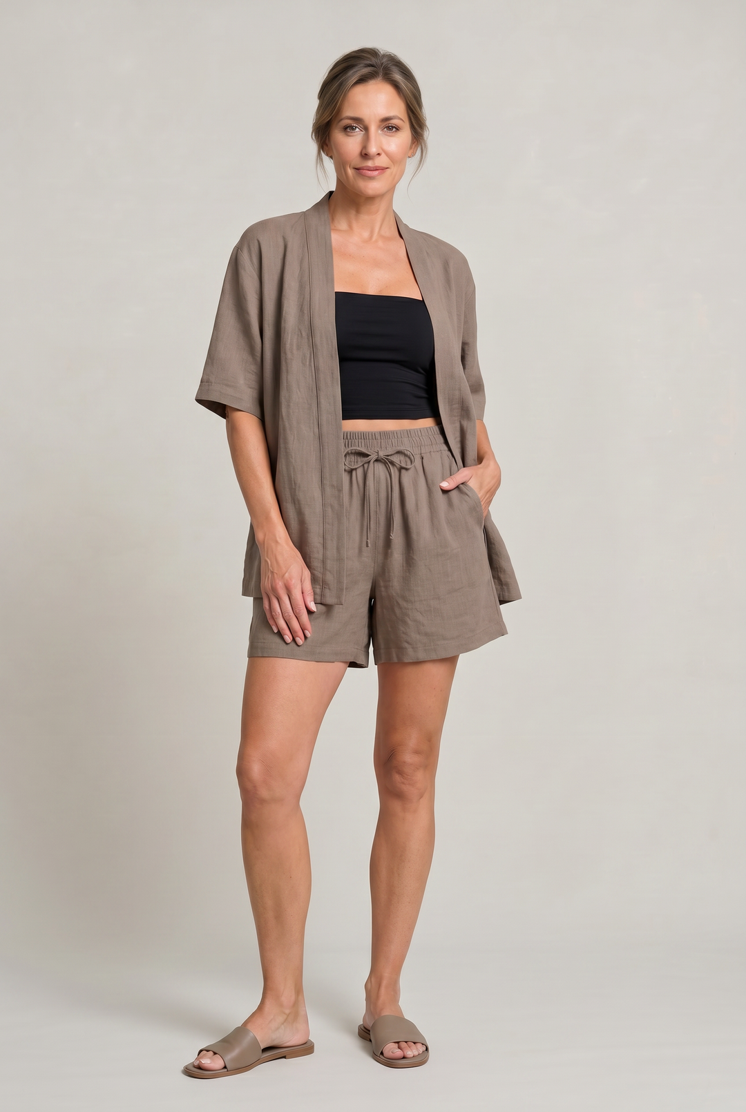 Women's Linen Cardigan and Shorts Two Piece Set in Camel | Invictora.com