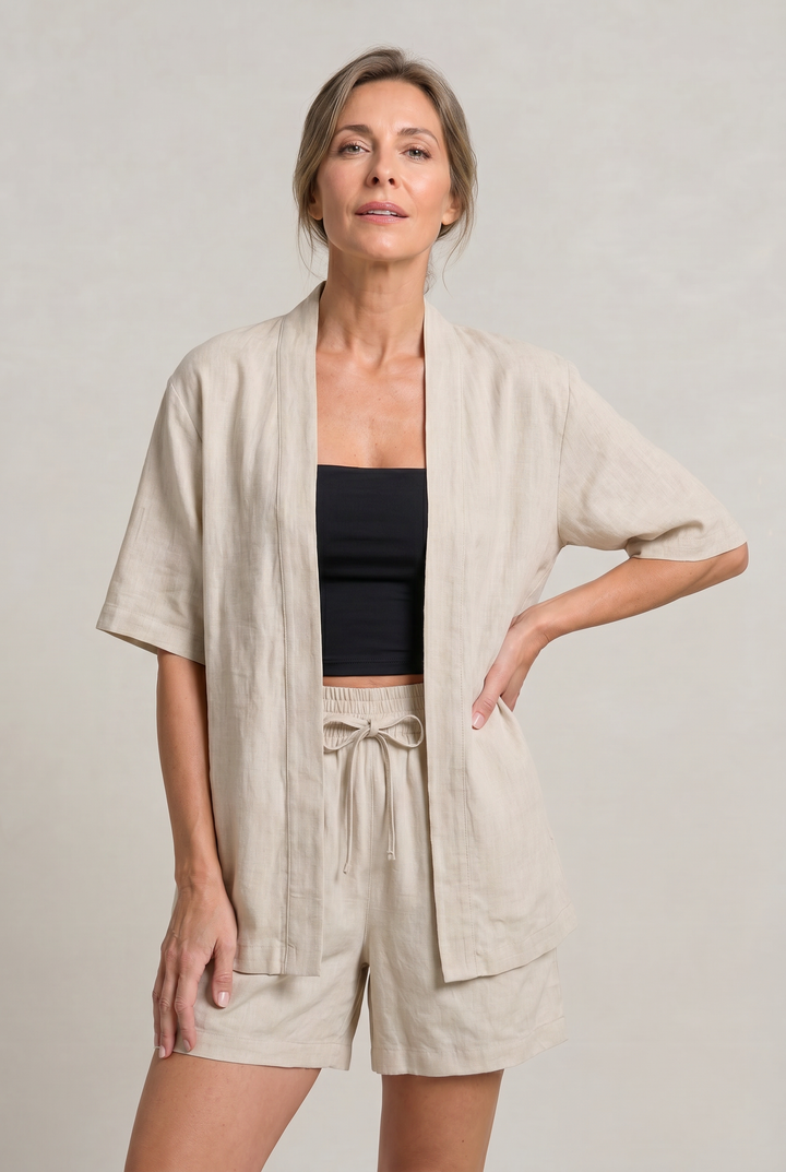 Women's Linen Cardigan and Shorts Two Piece Set in Khaki | Invictora.com