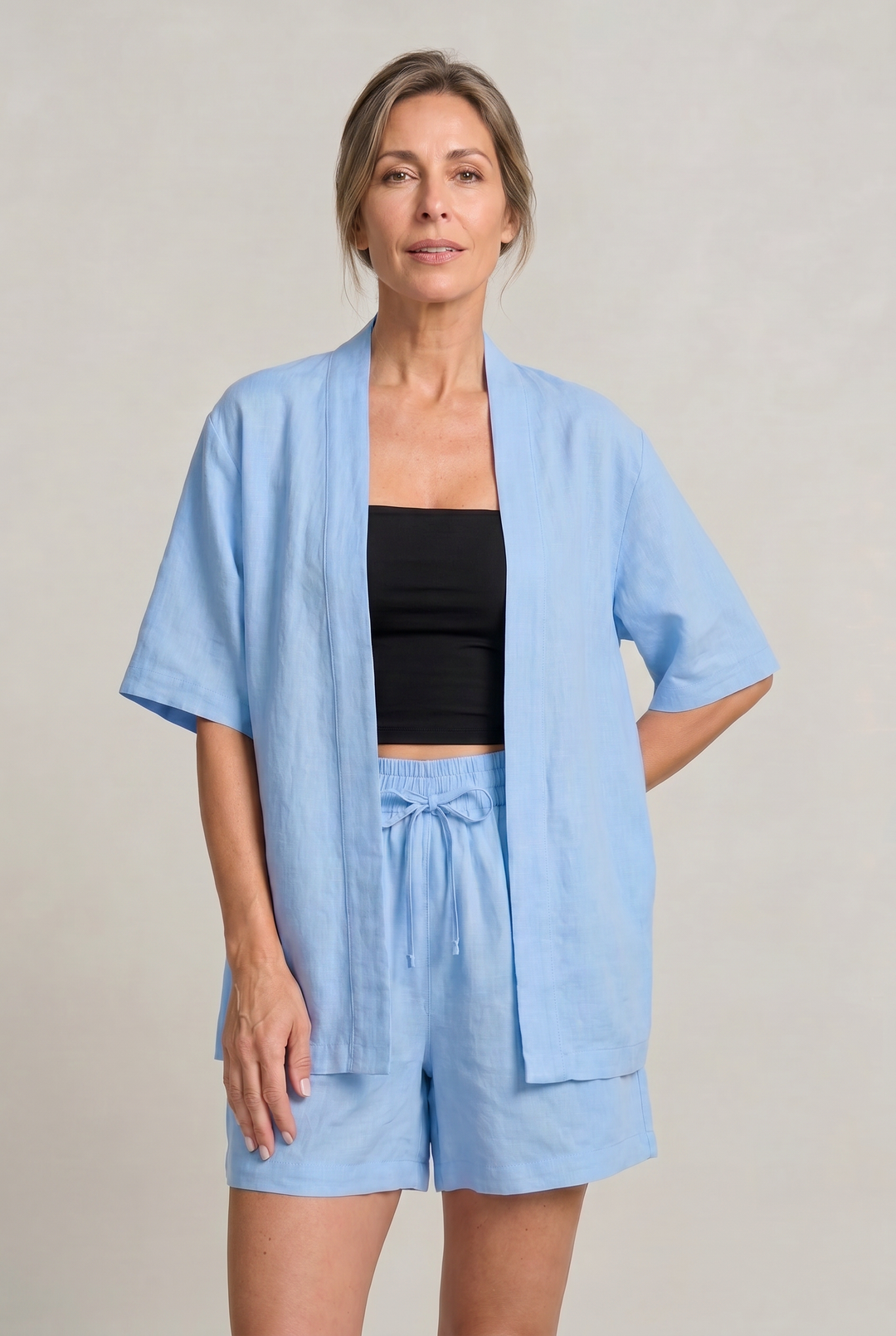 Women's Linen Cardigan and Shorts Two Piece Set in Camel | Invictora.com