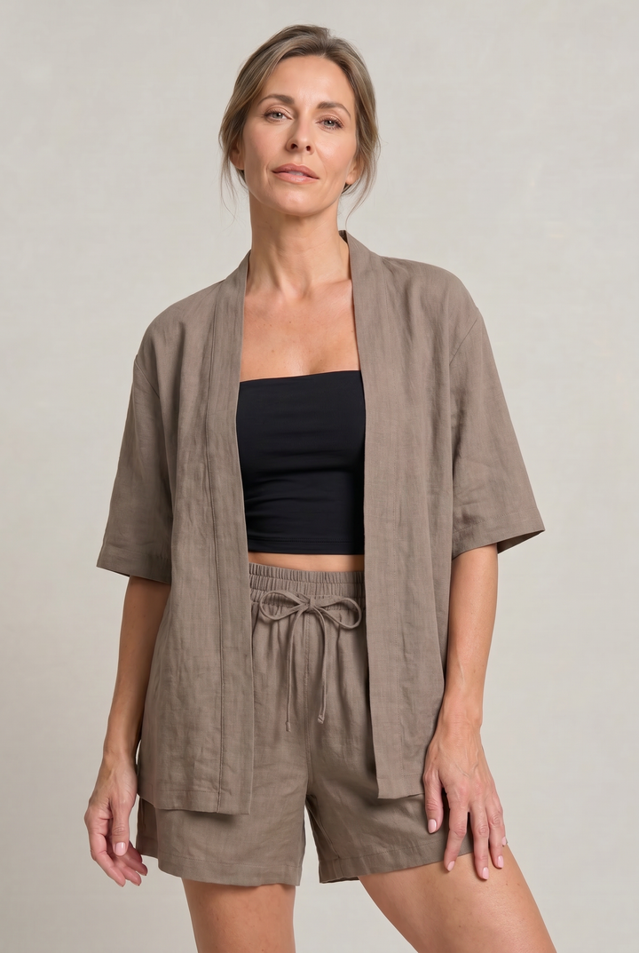 Women's Linen Cardigan and Shorts Two Piece Set in Camel | Invictora.com