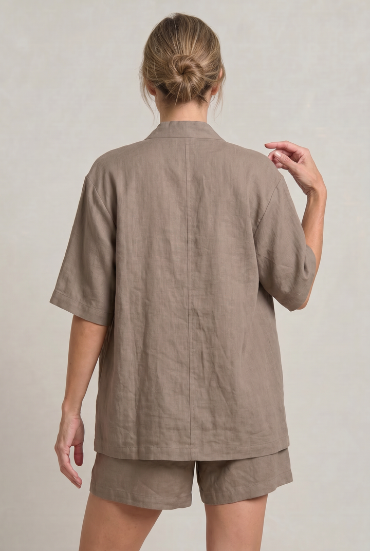 Women's Linen Cardigan and Shorts Two Piece Set in Camel | Invictora.com