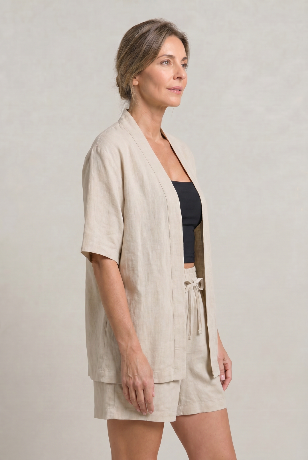 Women's Linen Cardigan and Shorts Two Piece Set in Khaki | Invictora.com
