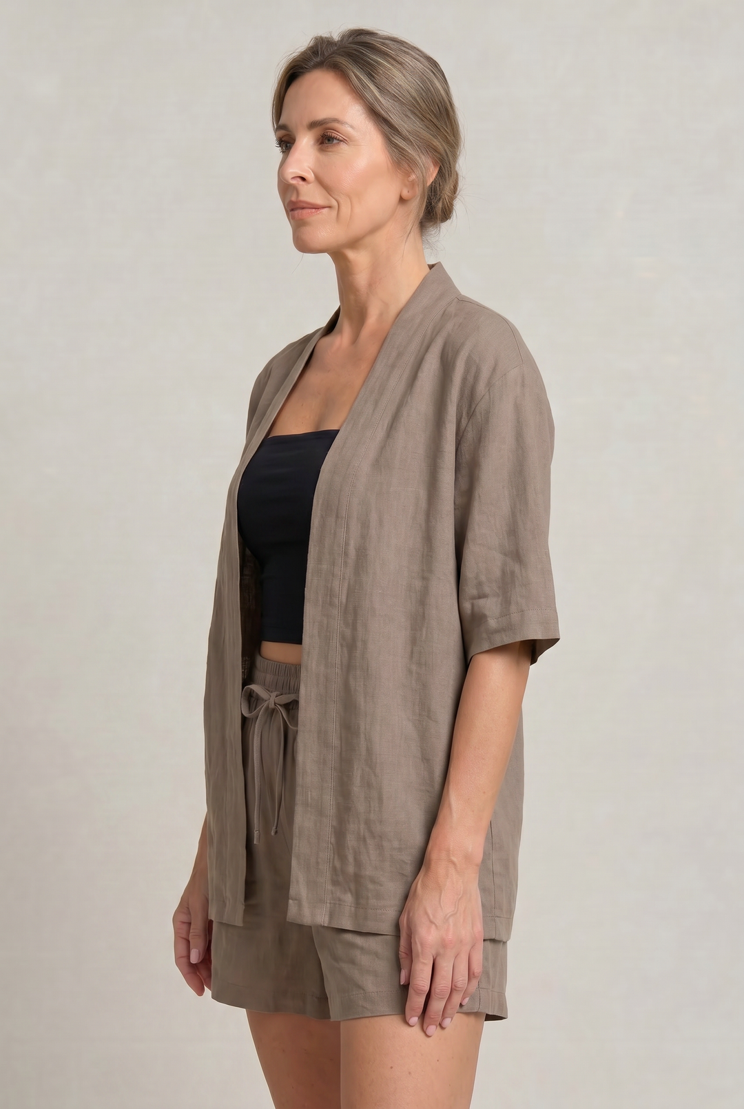 Women's Linen Cardigan and Shorts Two Piece Set in Camel | Invictora.com